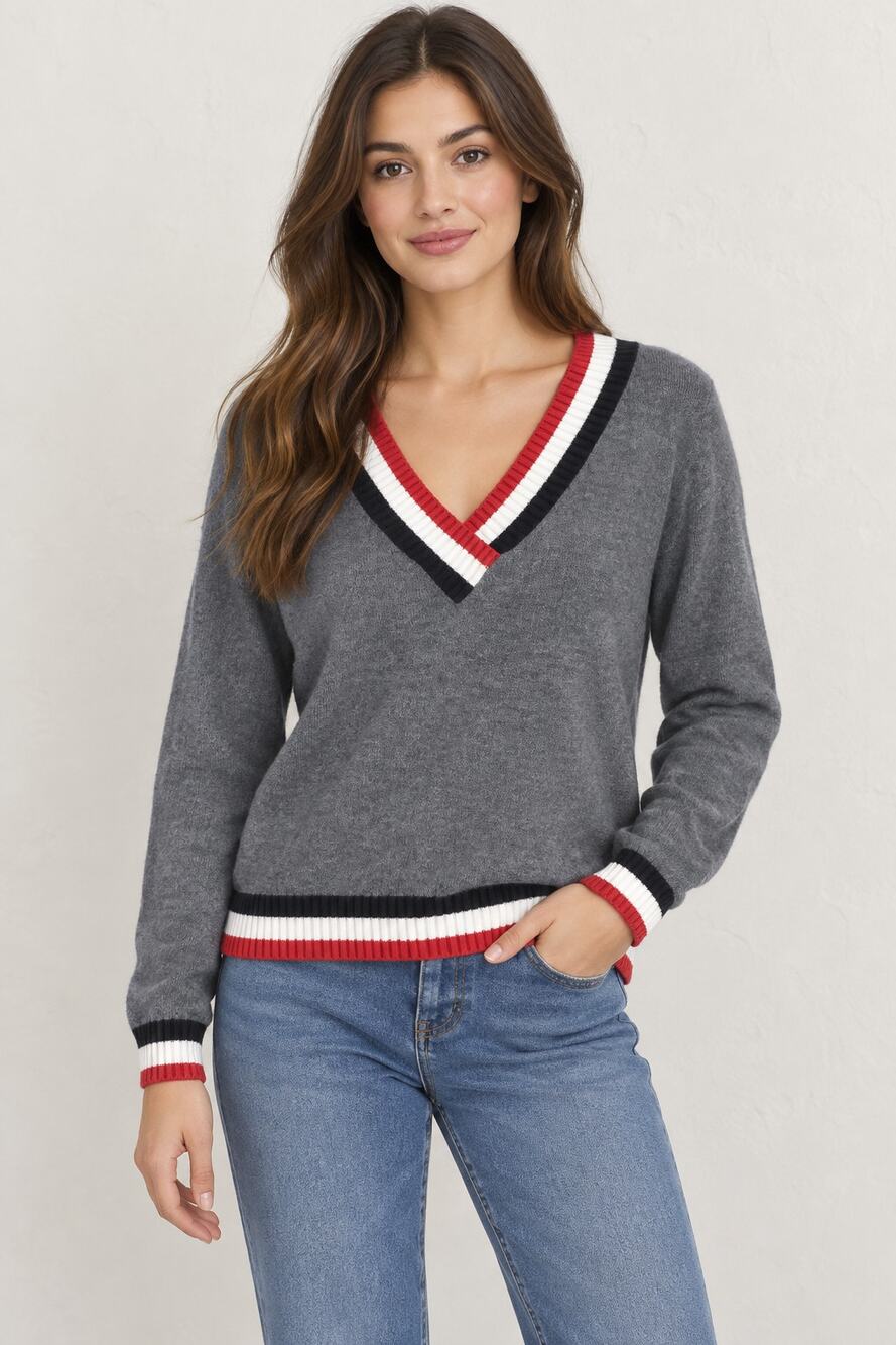 Stitches & Stripes Varsity Ribbed V-Neck Sweater Gray Size Small